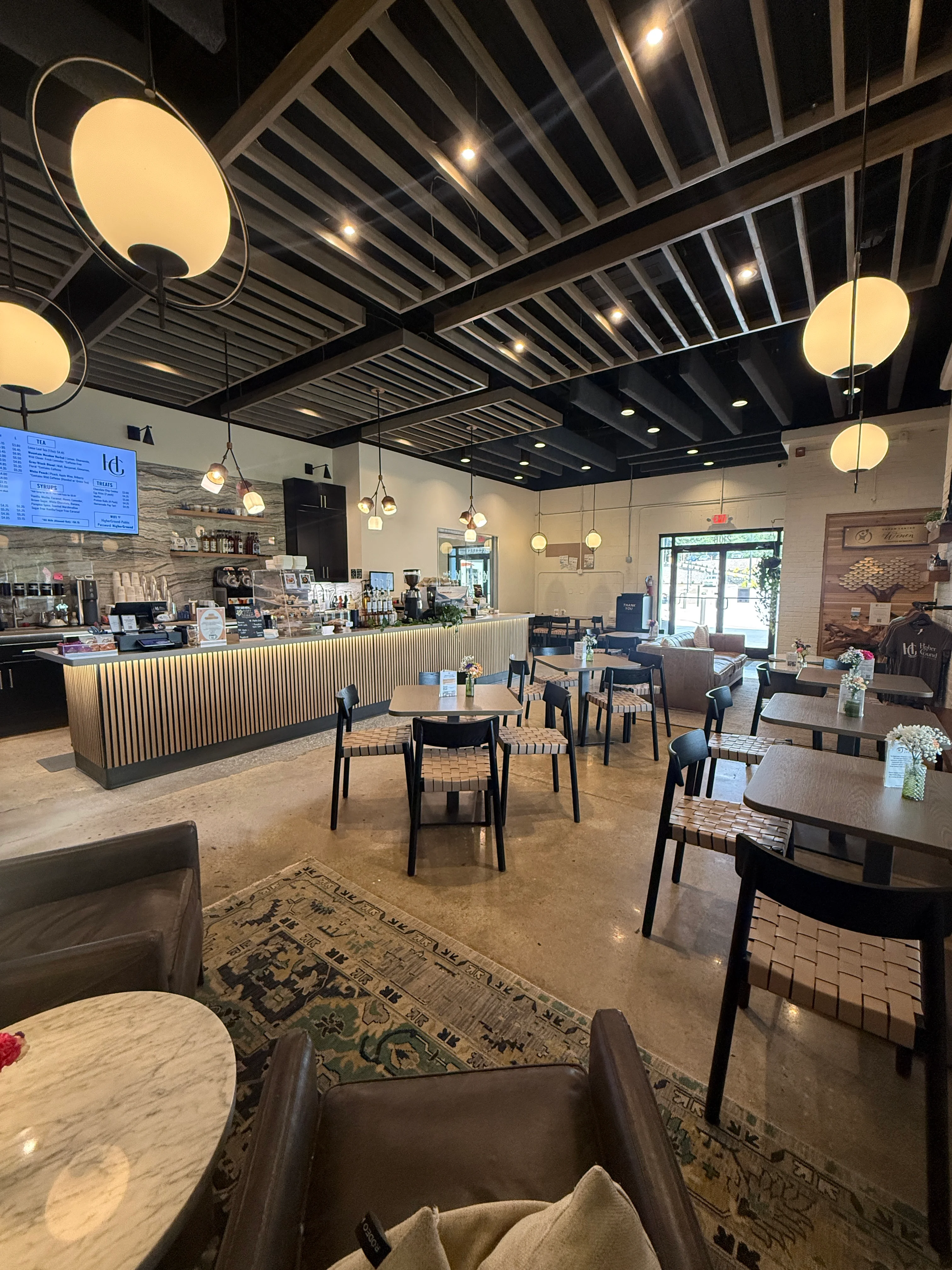 Cozy restaurant interior with modern decor and natural lighting