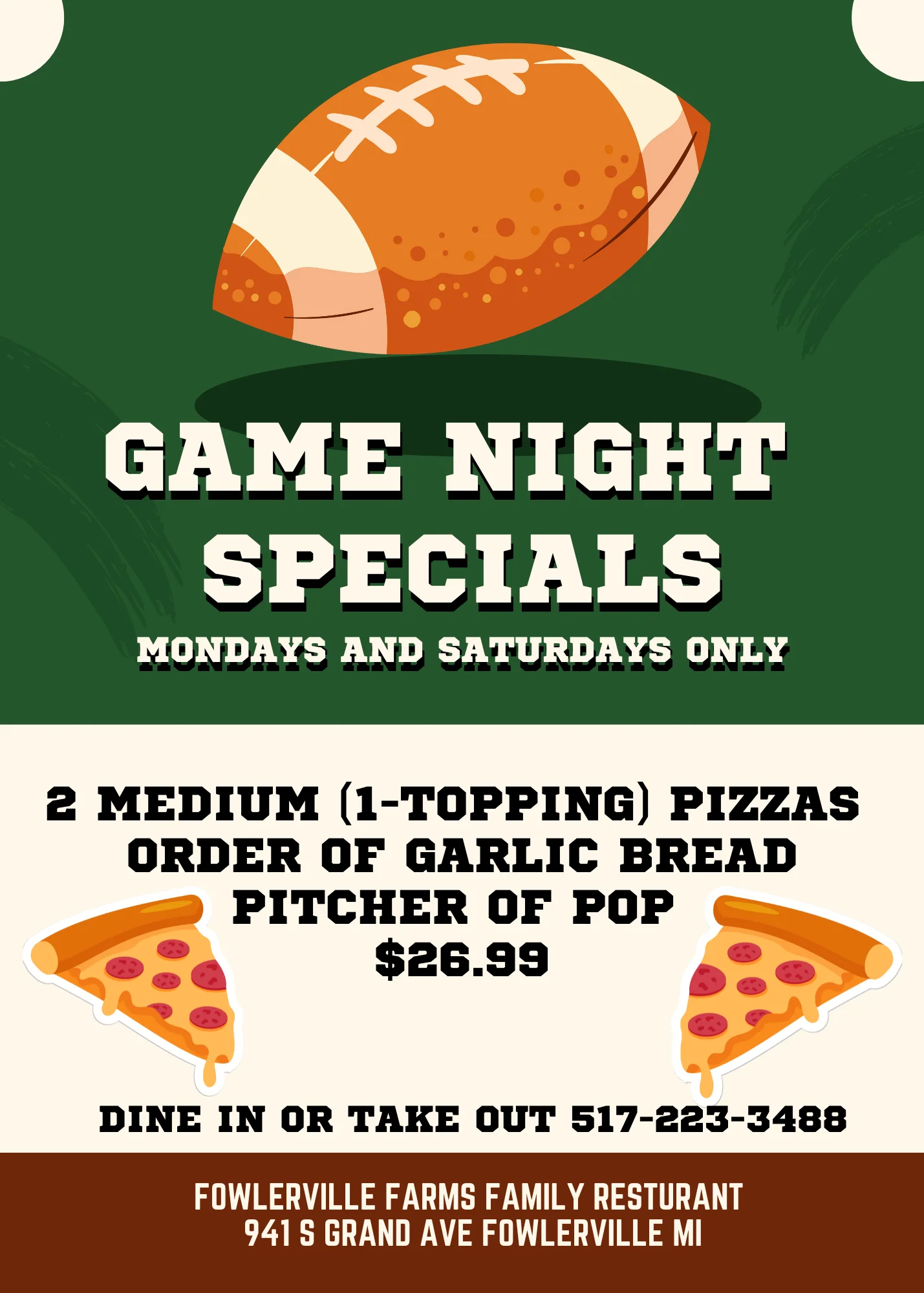 Game night pizza special with garlic bread and pop
