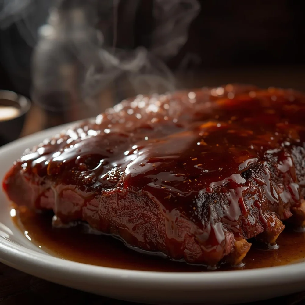 Plate of delicious, succulent ribs garnished with herbs.