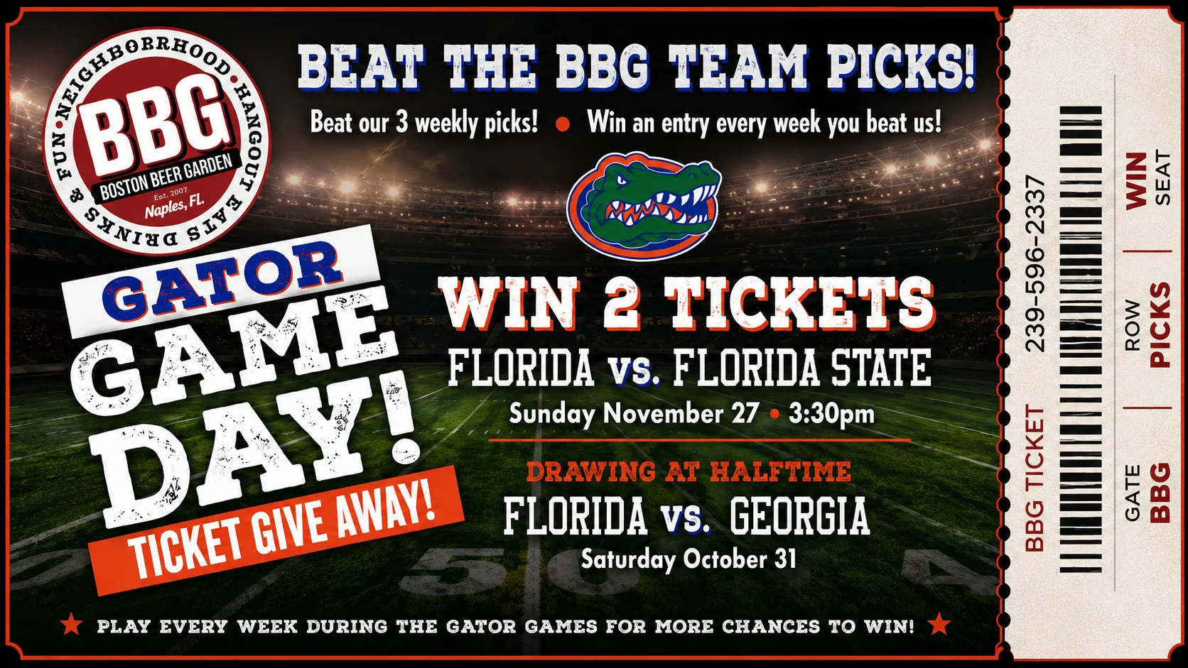 Promotional poster for Gator Game Day at Boston Beer Garden