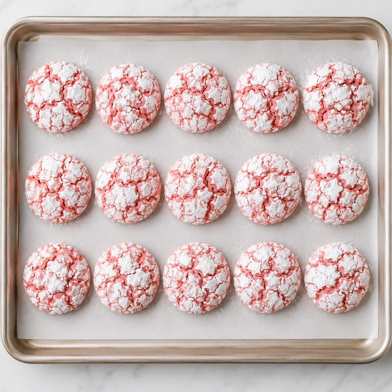Cracked red velvet crinkle cookies on a baking sheet