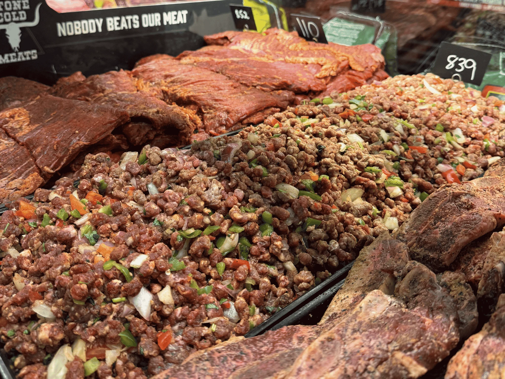 street taco meat in butcher case