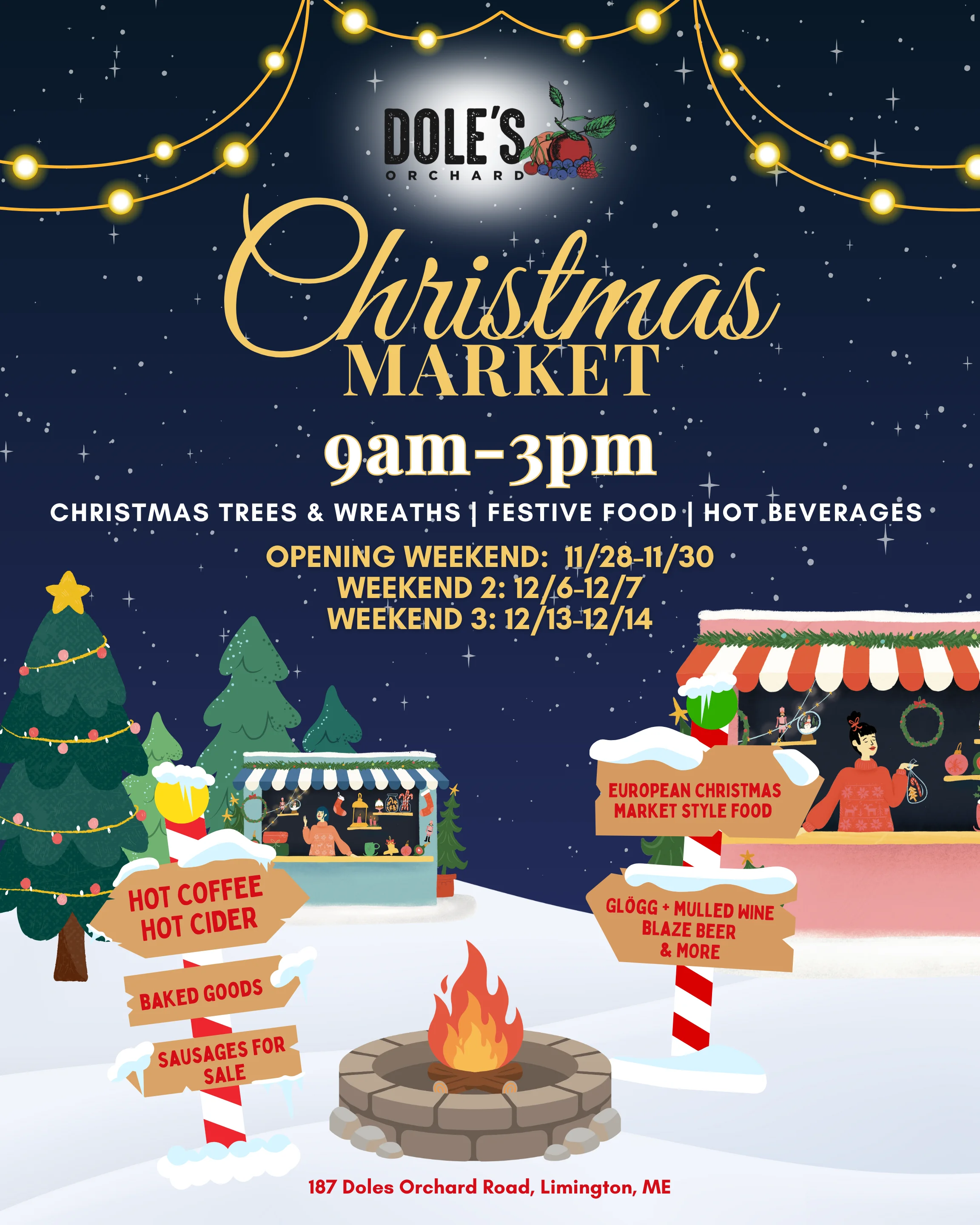 Dole's Orchard Christmas Market with festive decorations and food stalls