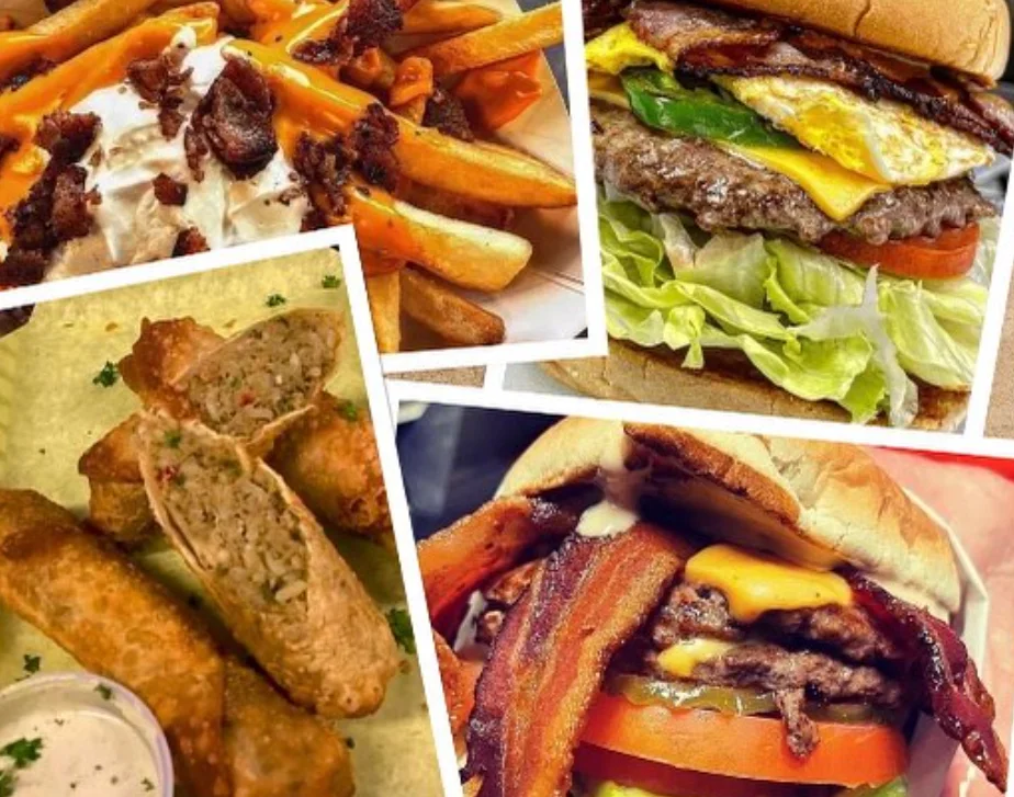 Delicious American burgers with fries and spring rolls