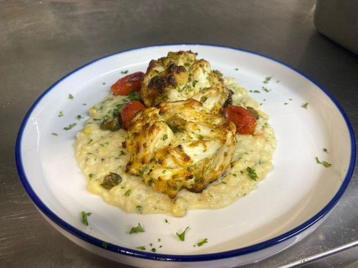 Crab Cakes on Roasted Corn Puree