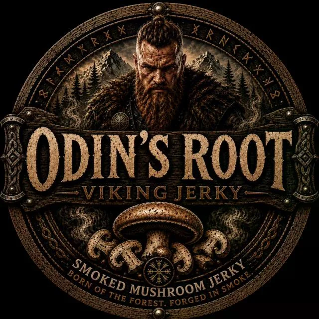 A logo design for 'Odin's Root Viking Jerky', featuring a mushroom illustration and Norse-inspired elements, set against a dark, wooded backdrop.