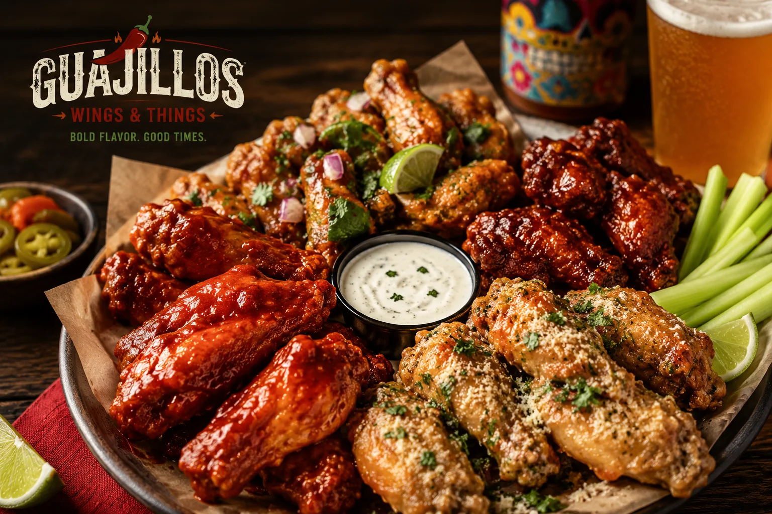 A platter featuring a variety of chicken wings with different sauces, accompanied by a bowl of dipping sauce and fresh celery. Jalapeño slices are on the side.