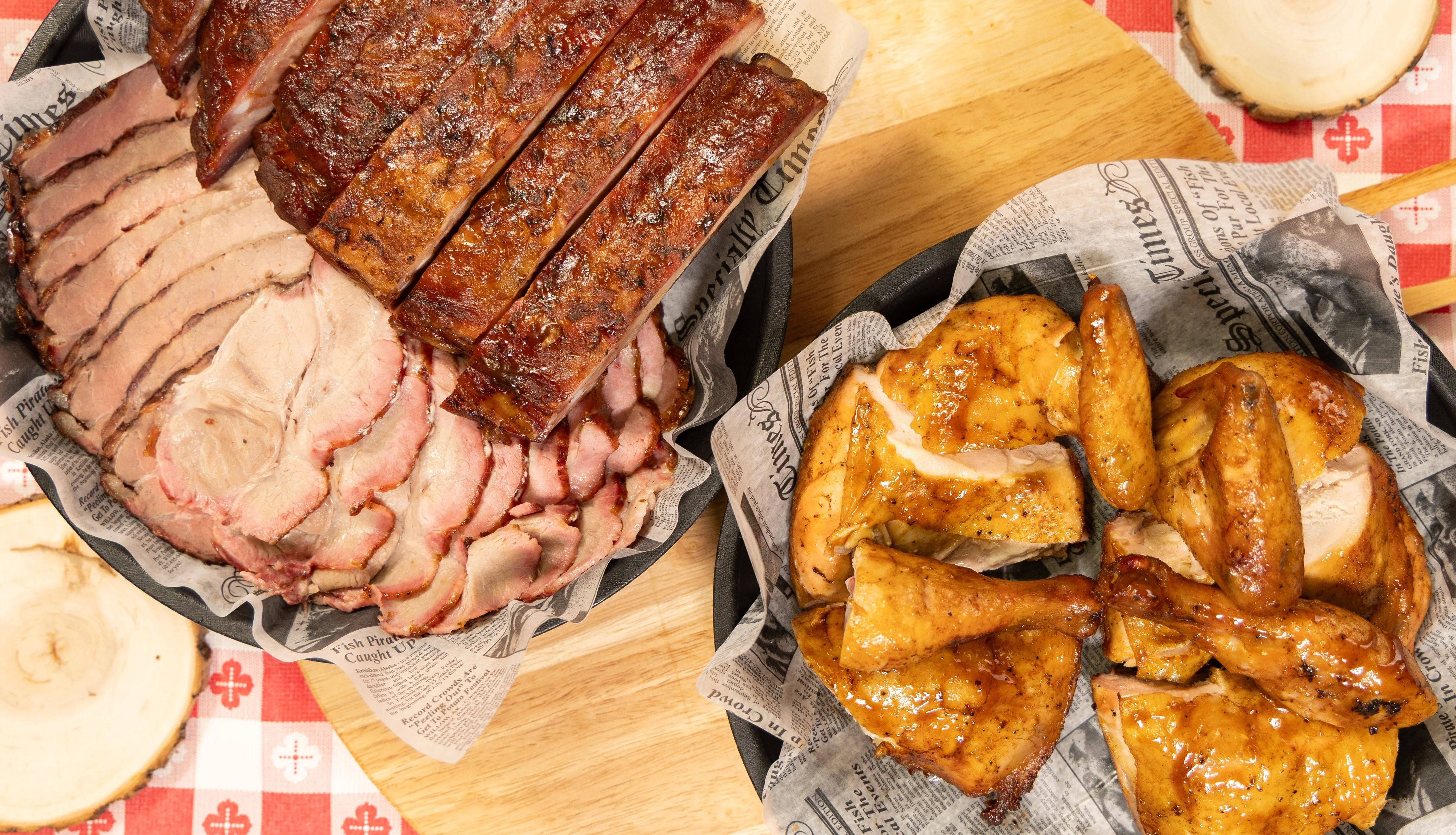 Platter of Texas-style barbecue ribs and smoked chicken wings