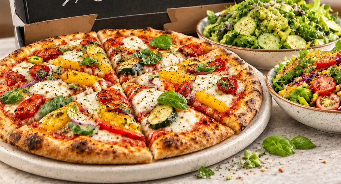 Cheesy vegetable pizza with garlic sauce and iced cola