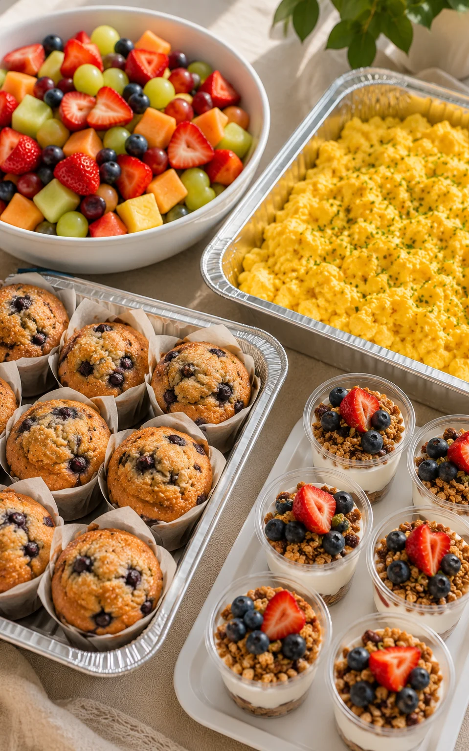 Breakfast spread with blueberry muffins and fruit salad