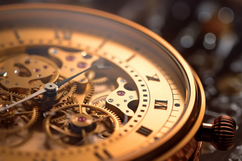 Close-up of intricate golden watch mechanism