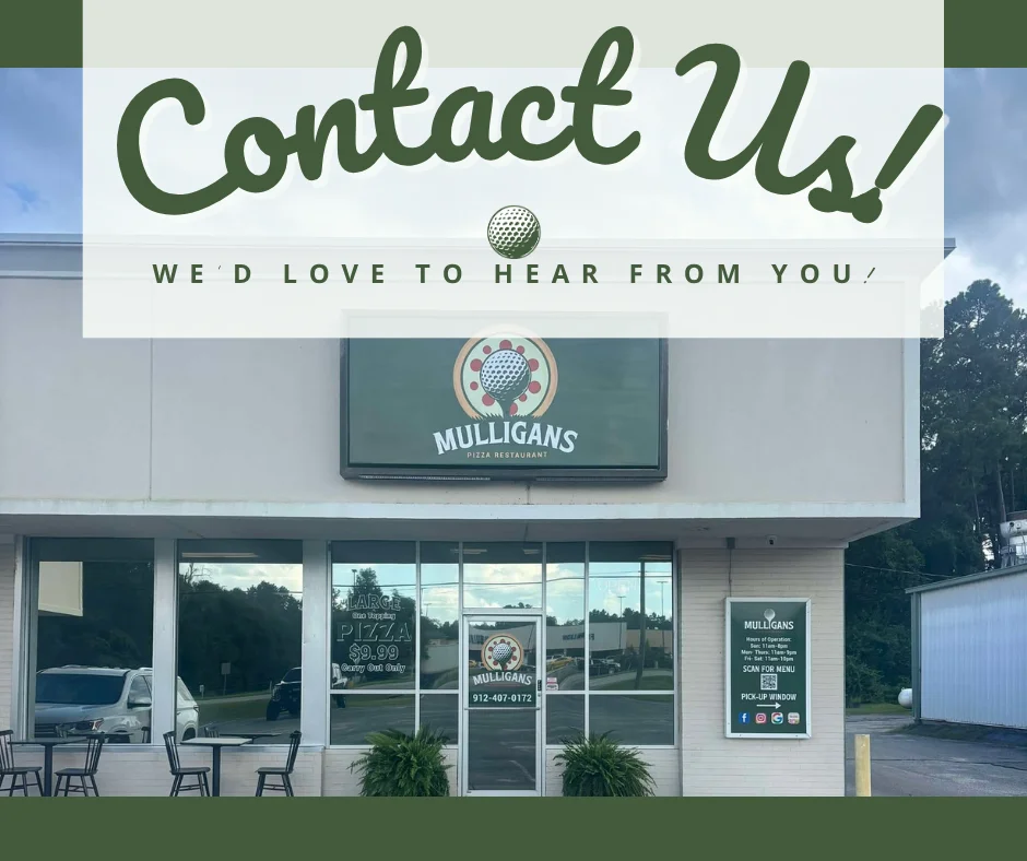 Exterior view of Mulligans Pizza Restaurant with contact information