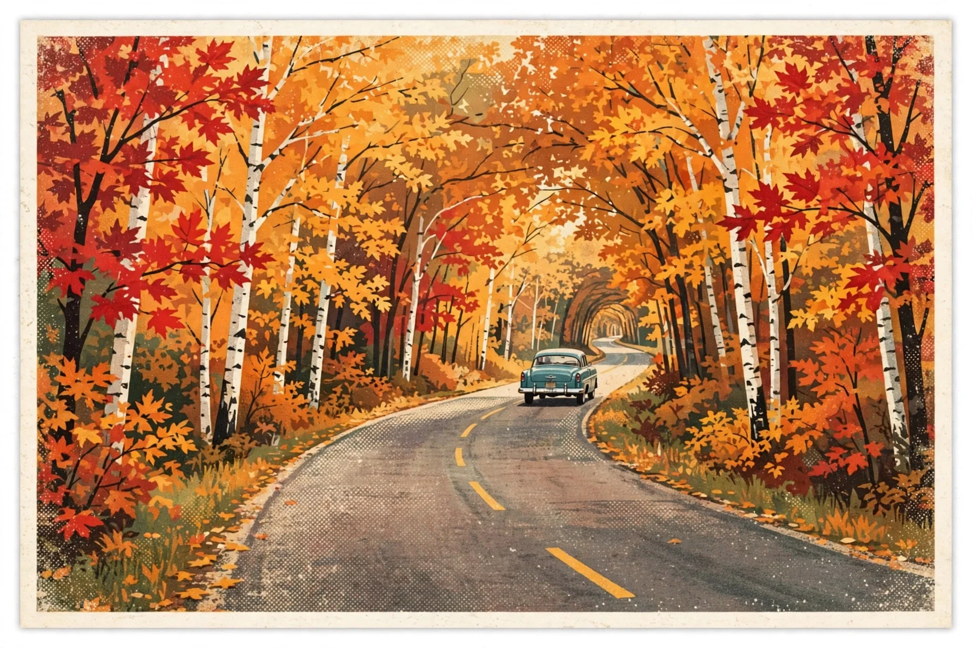 Vintage illustration of a classic car on an autumn forest road