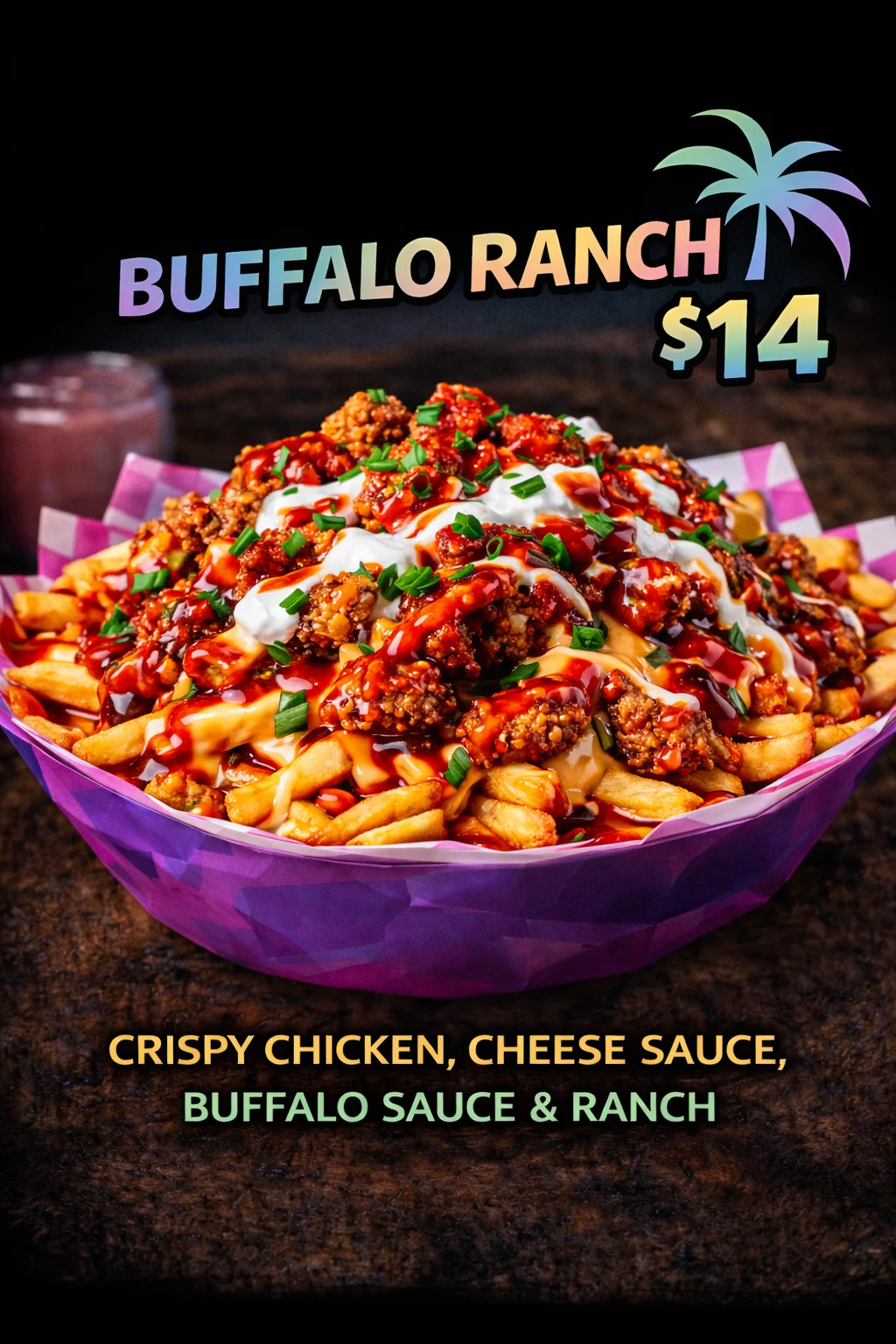 A hearty dish of fries topped with crispy chicken, drizzled with cheese sauce, and garnished with buffalo sauce and green onions.
