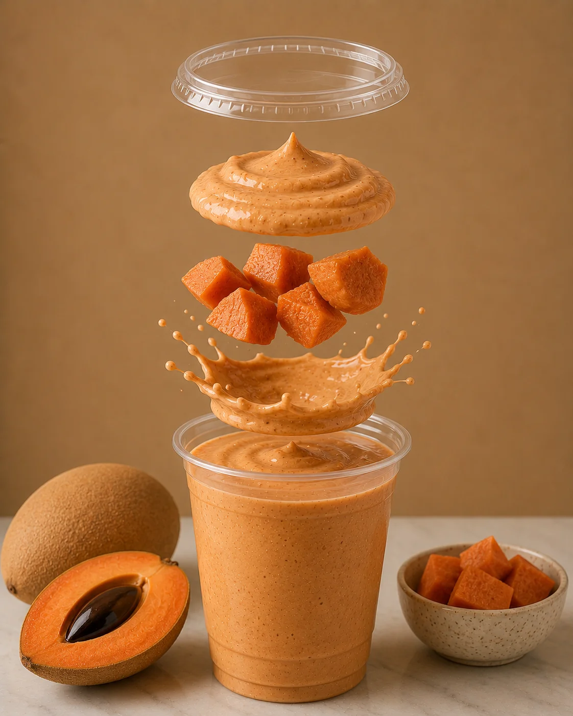 A creamy beverage featuring a smooth blend with chunks of fruit floating above, accompanied by a whole fruit and additional fruit cubes on the side.