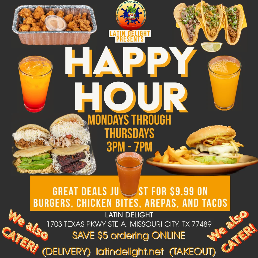 Happy hour promotion featuring Latin American tacos and arepas