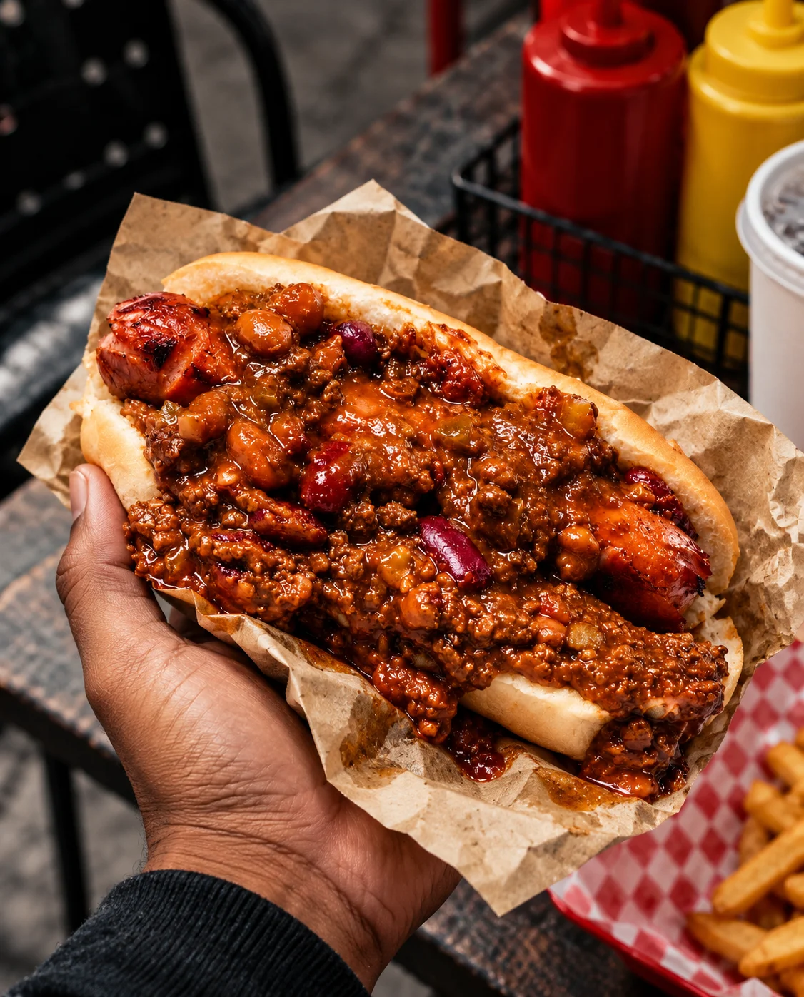 Loaded chili dog with beans and grilled sausage