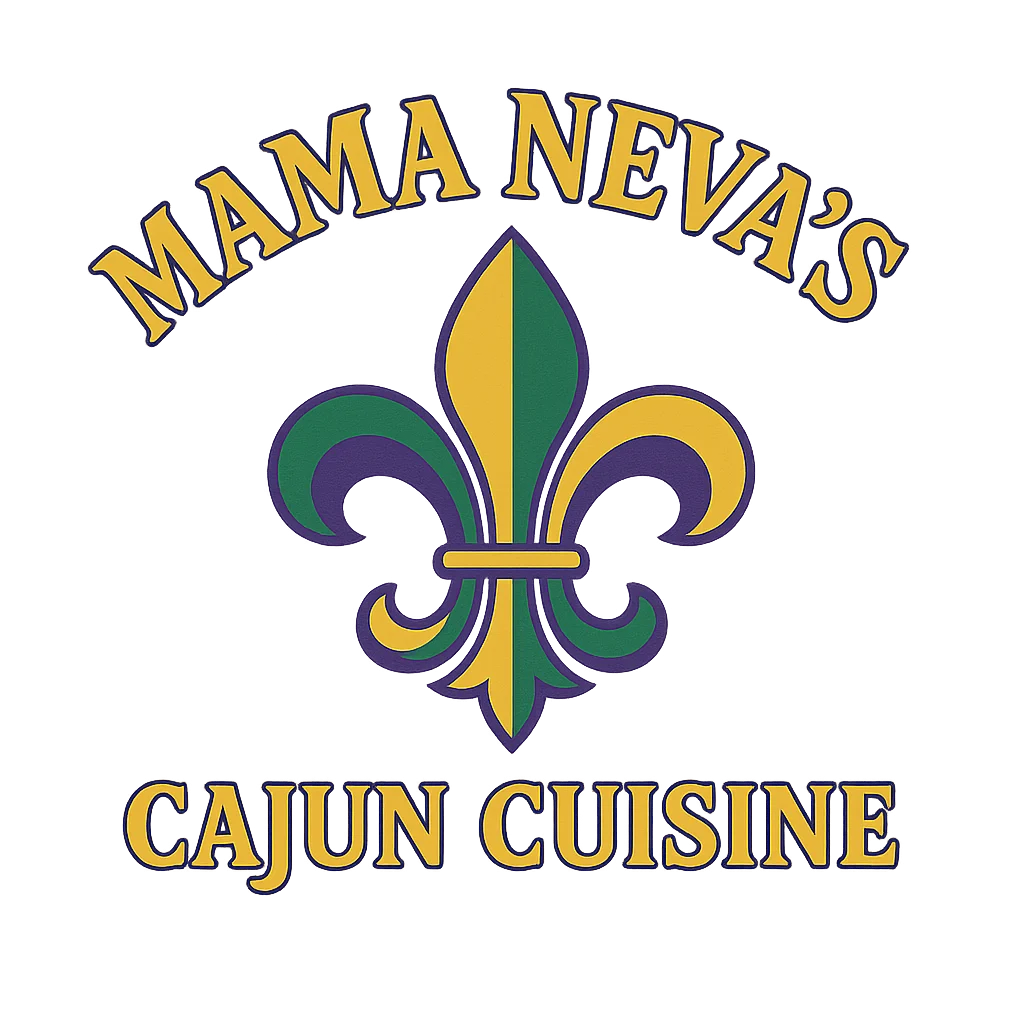 Logo of Mama Neva's Cajun Cuisine featuring a colorful fleur-de-lis
