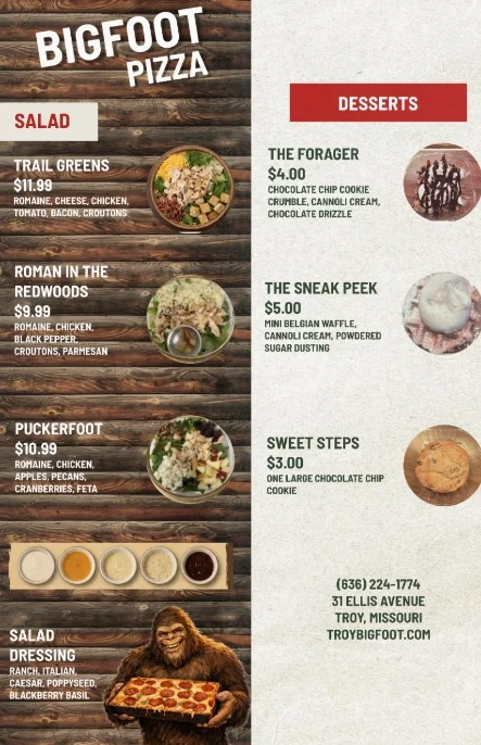 Menu featuring salads, desserts, and spuds at Bigfoot Pizza