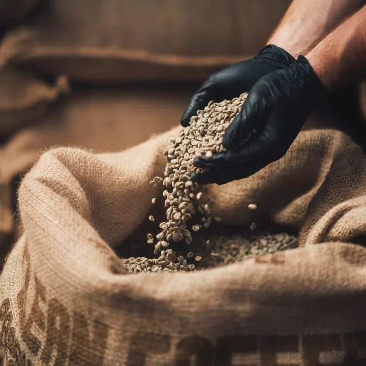 Hands pouring green coffee beans from a burlap sack