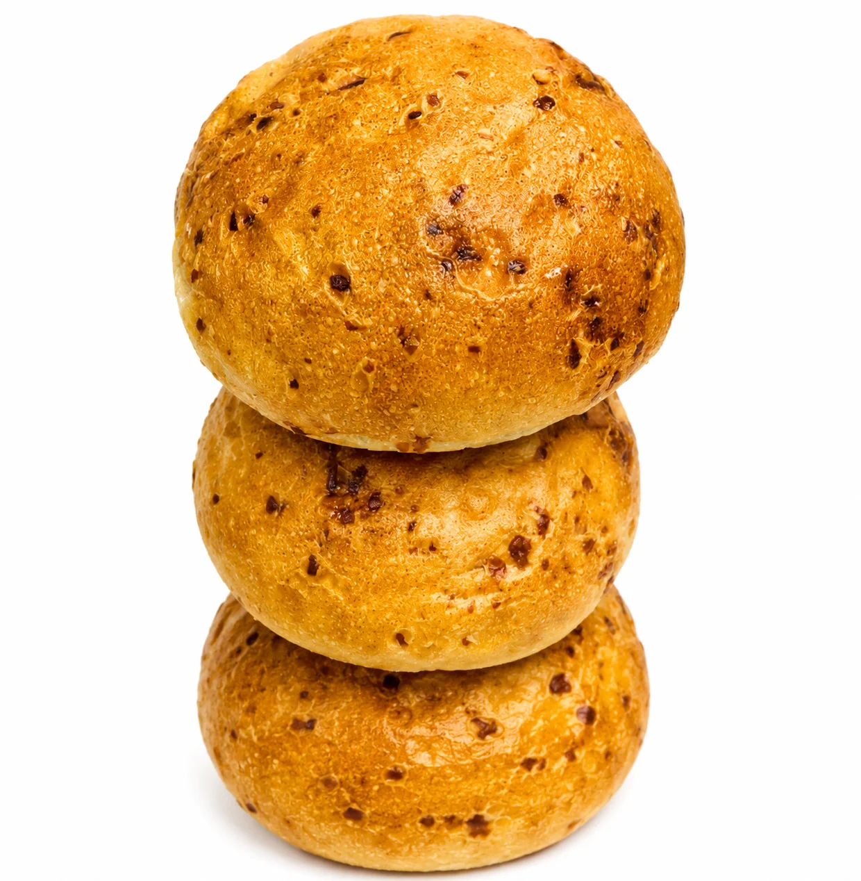 Three golden-brown bread rolls stacked on top of each other.