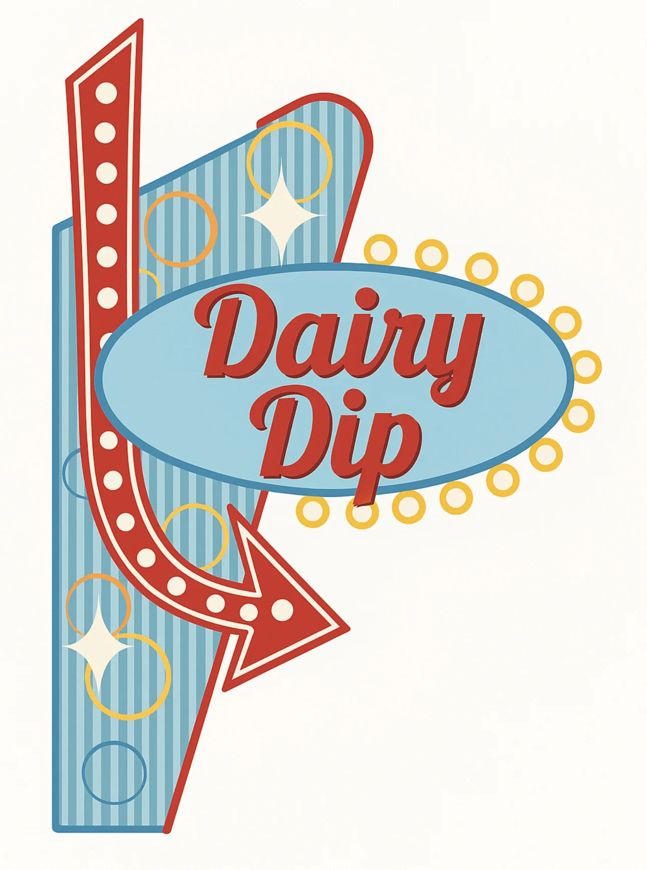 Retro Dairy Dip sign with vibrant colors and arrow design