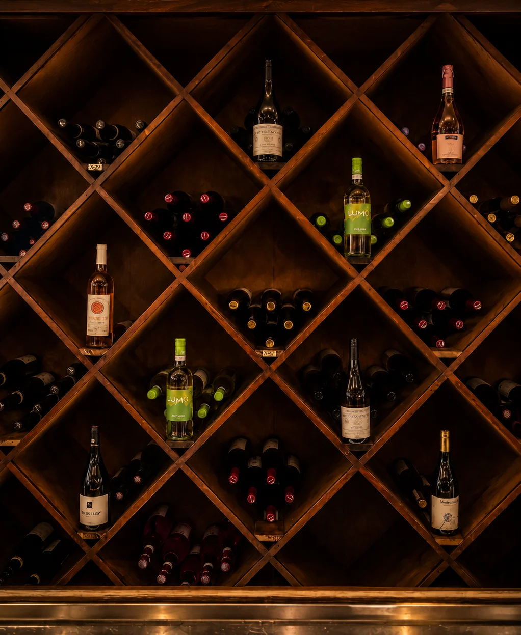 Wine bottles displayed in a wooden wine rack