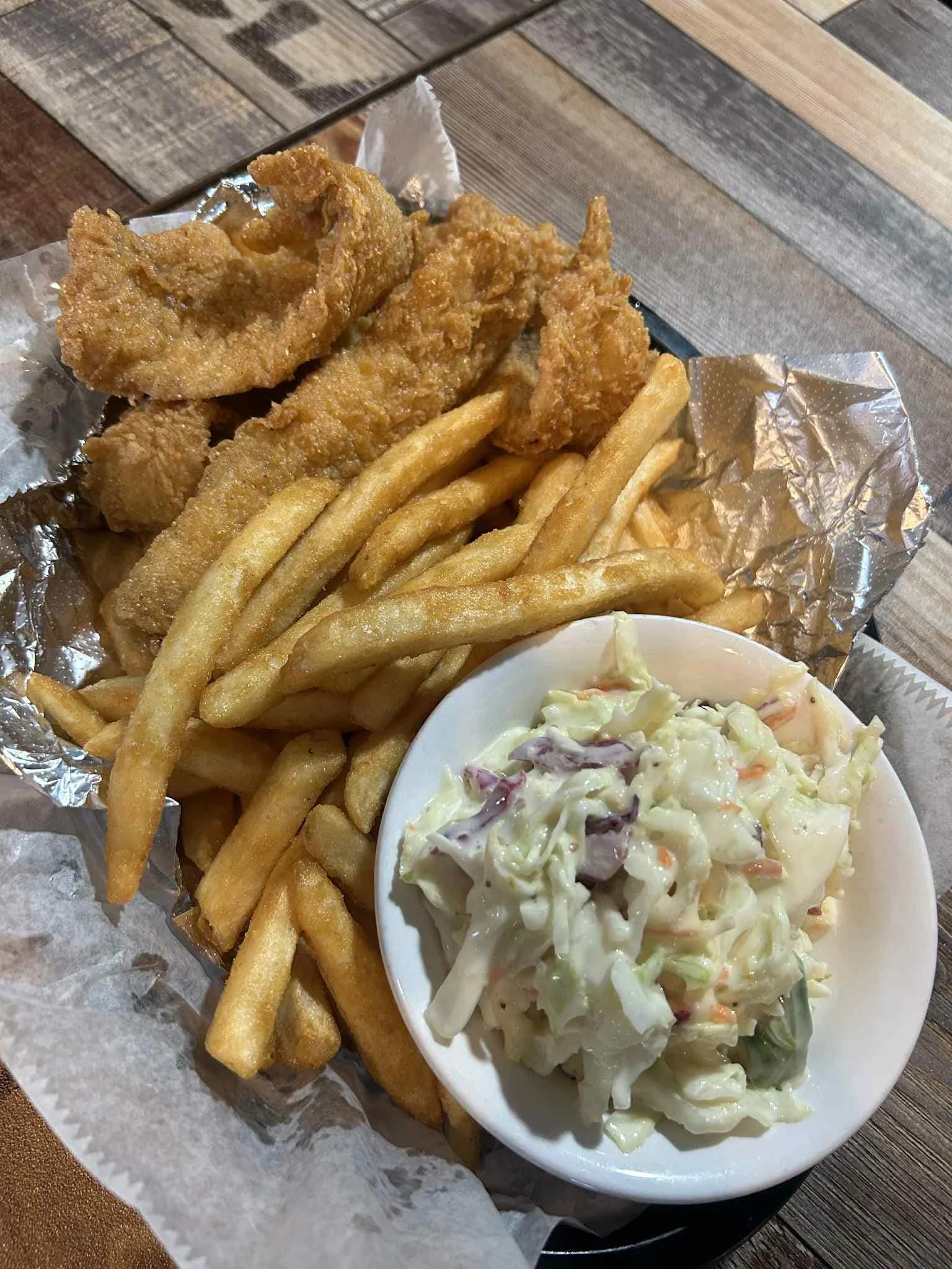 Southern fried fish with fries and coleslaw