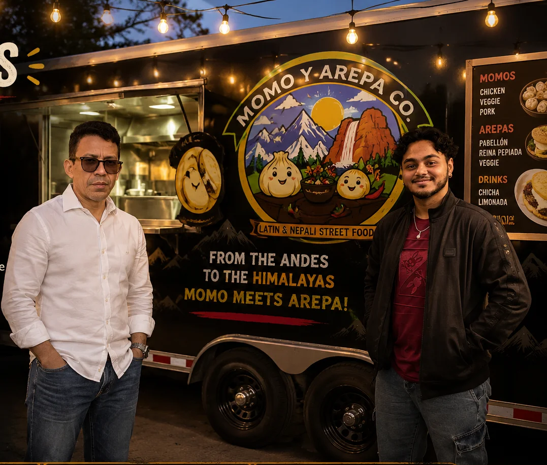 Momo Y Arepa Co. food truck with owners showcasing their fusion cuisine.