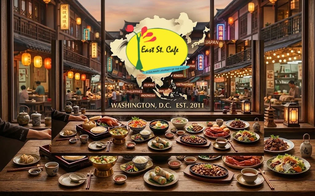 Diverse Asian cuisine spread at East St. Cafe in Washington, D.C.