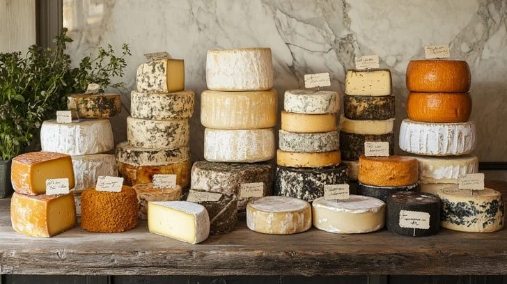 Artisan cheese selection on a rustic wooden table