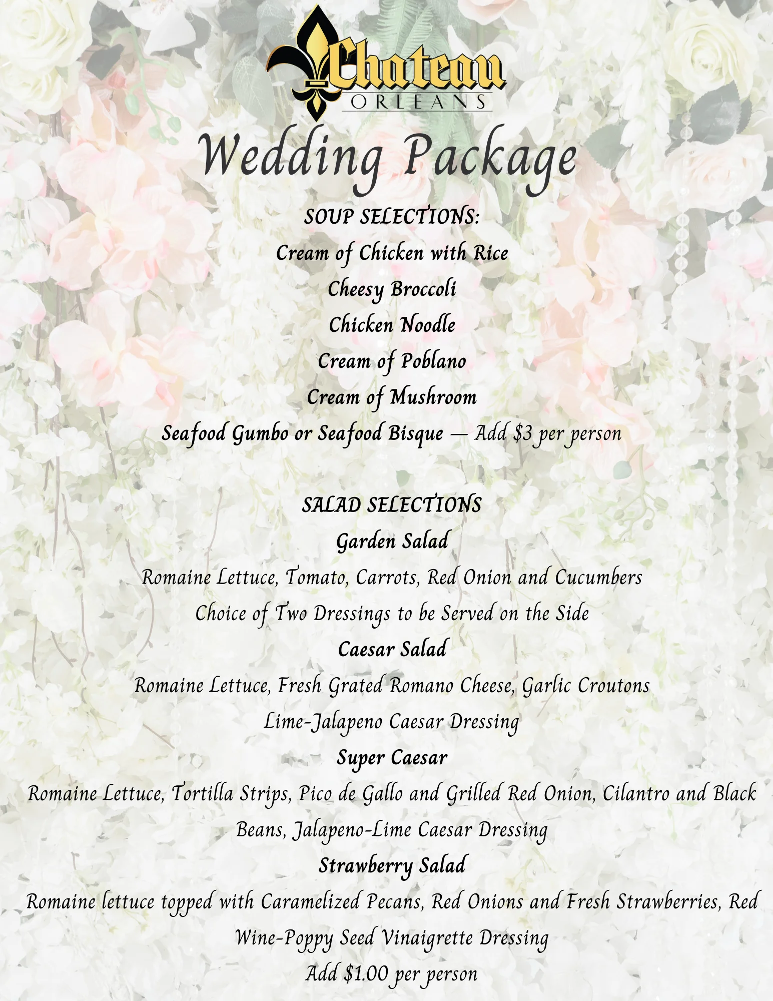 Wedding menu featuring soup and salad selections
