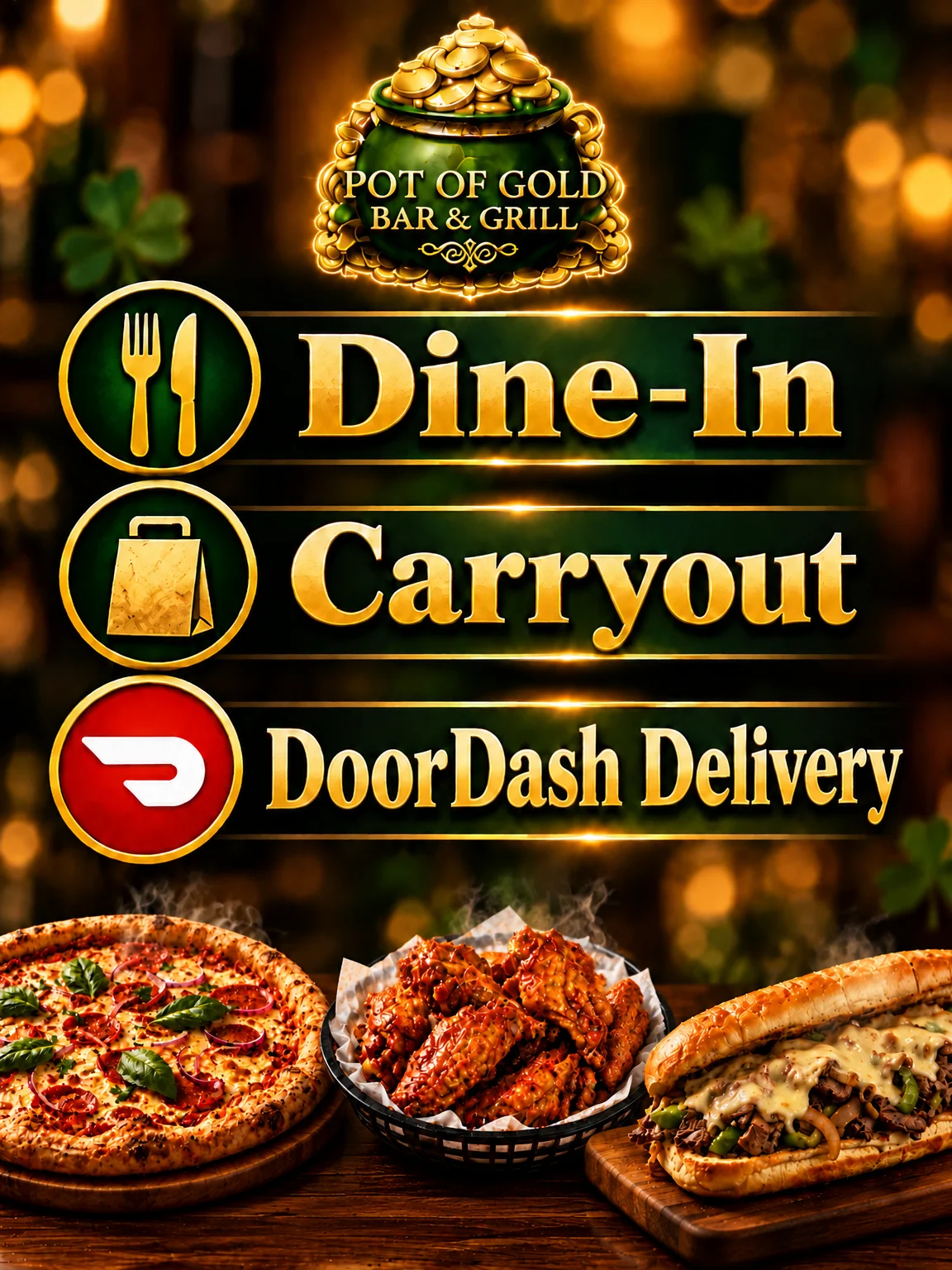 Pot of Gold Bar & Grill promotional graphic with pizza, wings, and cheesesteak sandwich