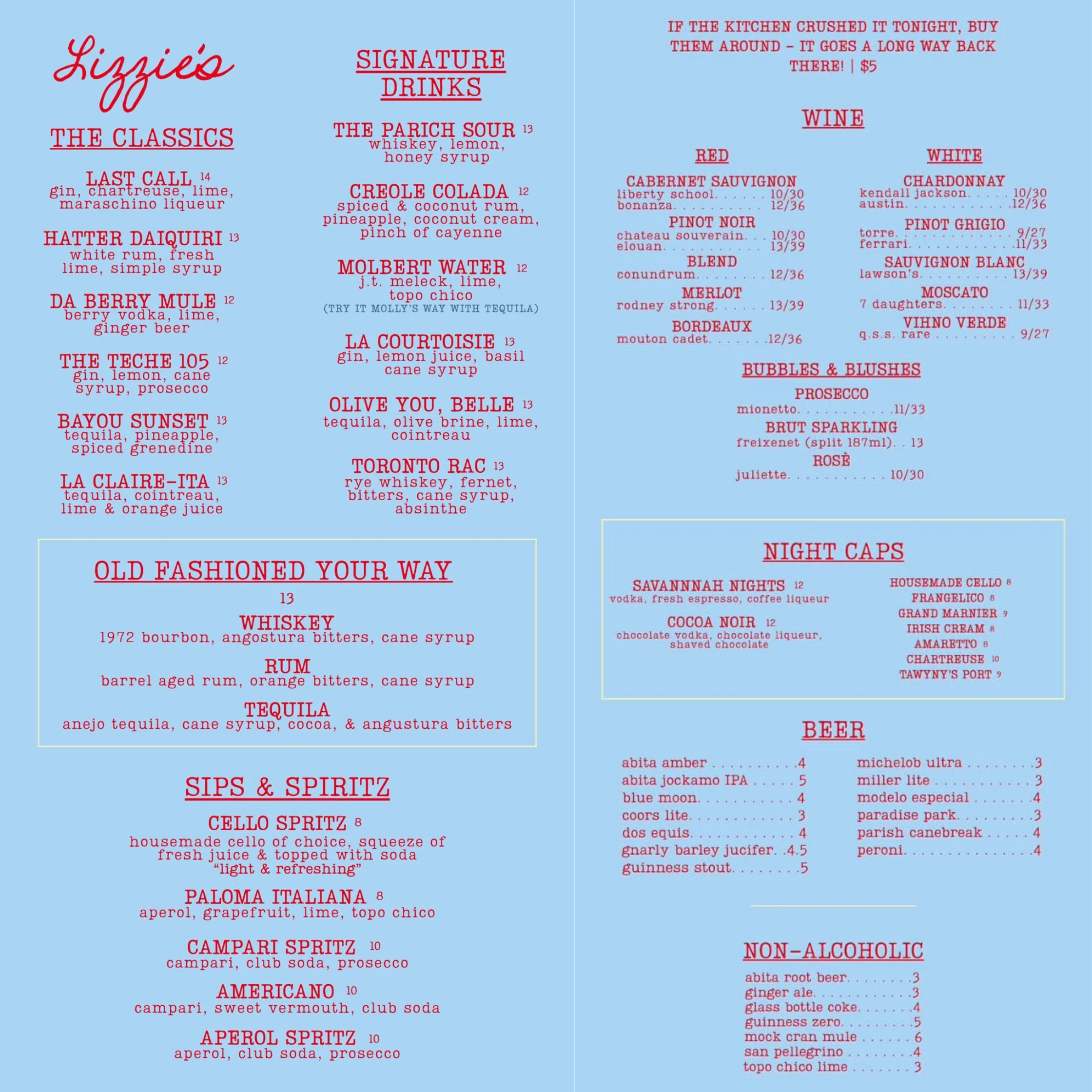 Colorful drink menu featuring various beverages and cocktails.