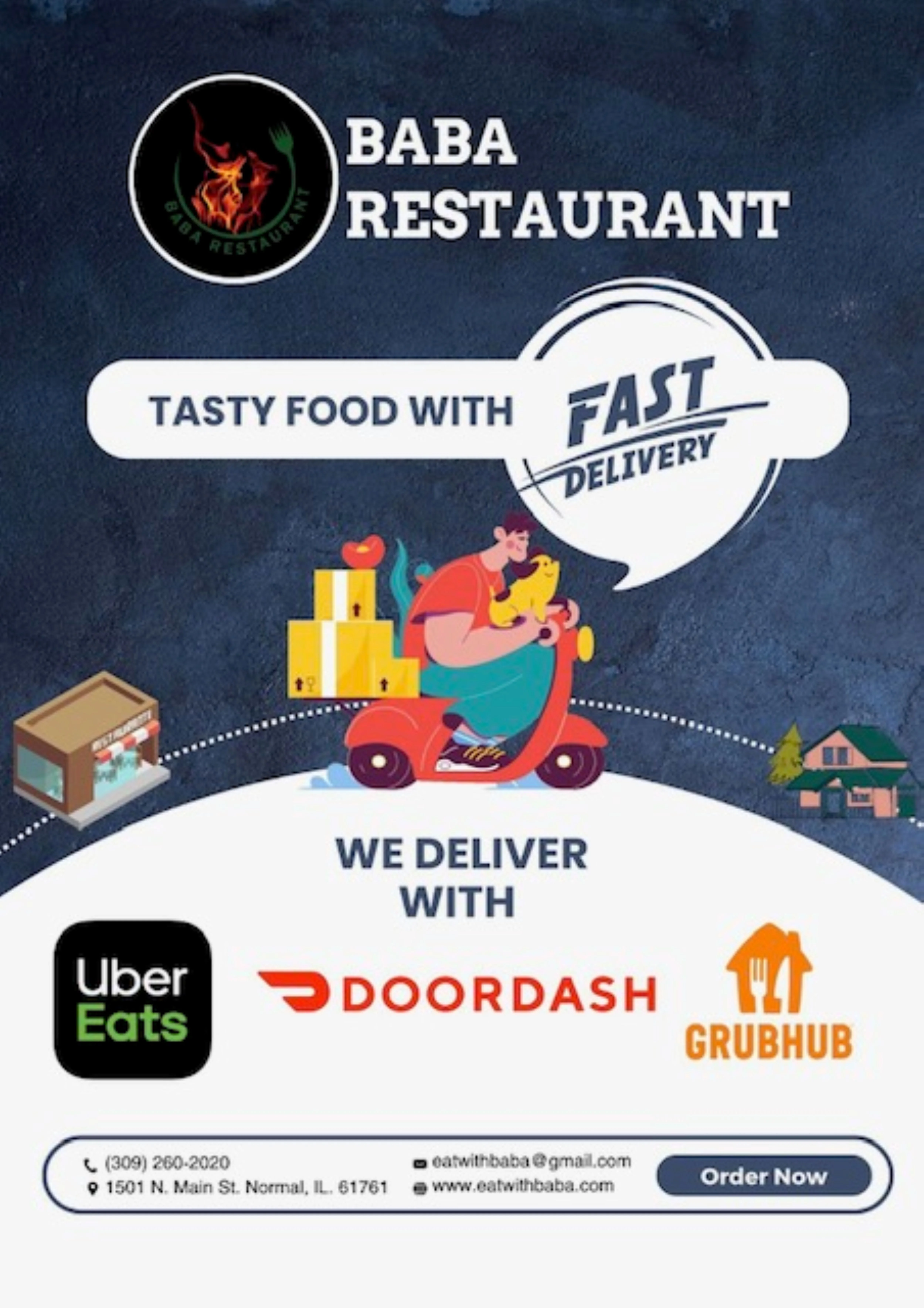 Baba Restaurant promotional flyer for fast food delivery