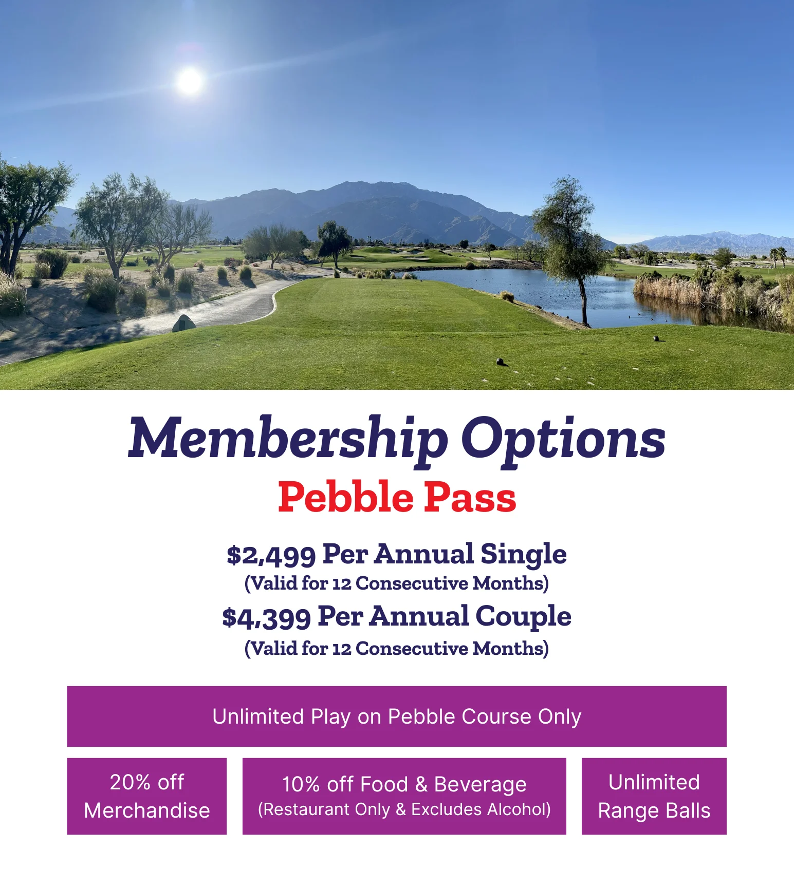 Golf course view with mountains and sun at Pebble Pass membership options