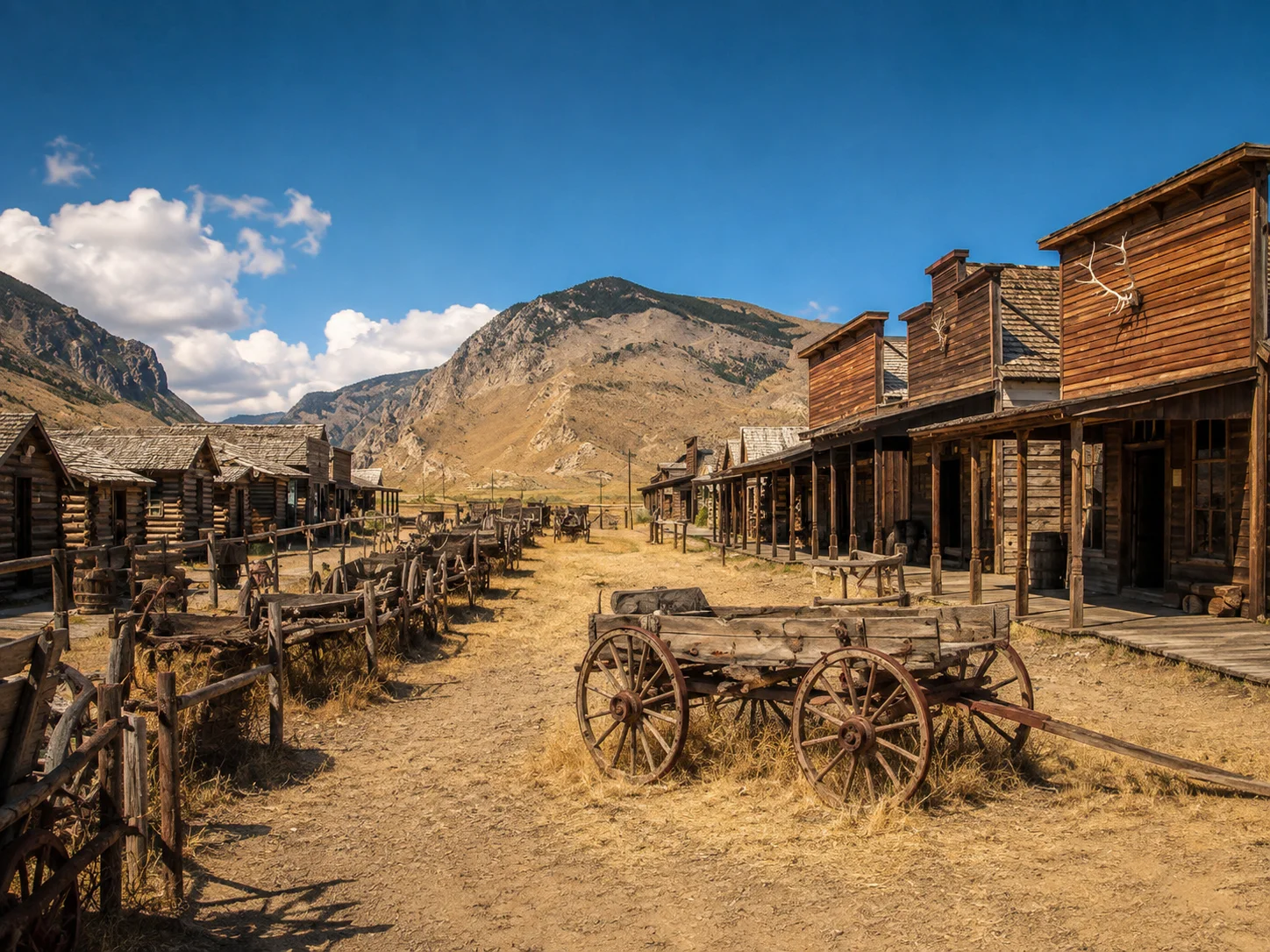 Historic Western town with wooden buildings and wagons