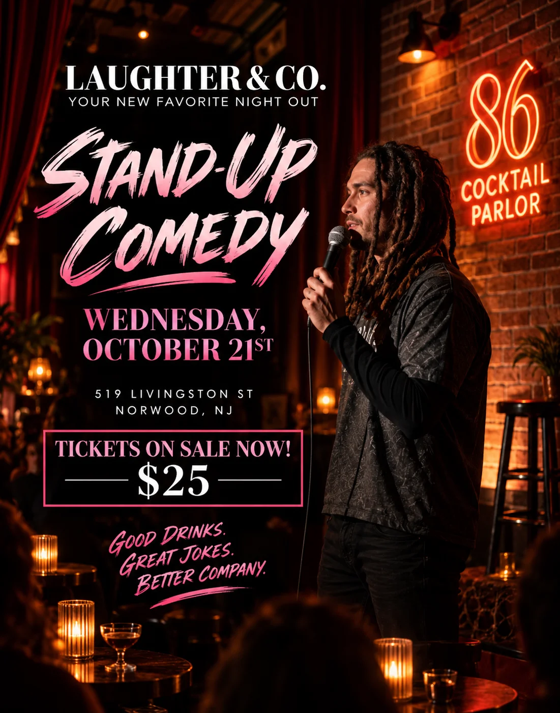 Stand-up comedy event at a stylish cocktail parlor with warm lighting