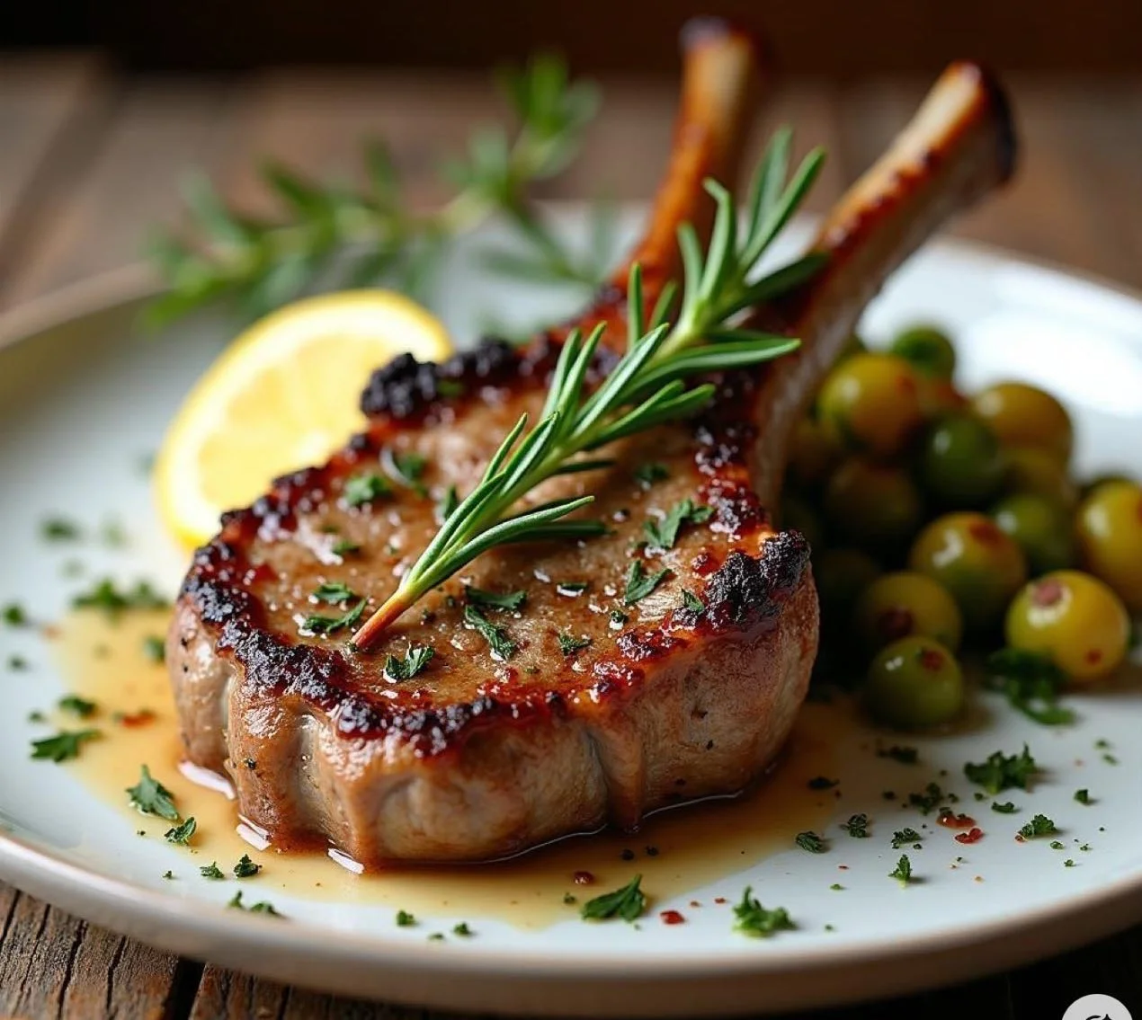 Grilled lamb chop with rosemary and olives
