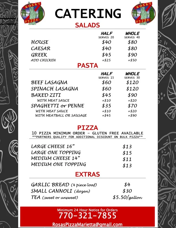 Catering menu for Italian pizza and pasta dishes