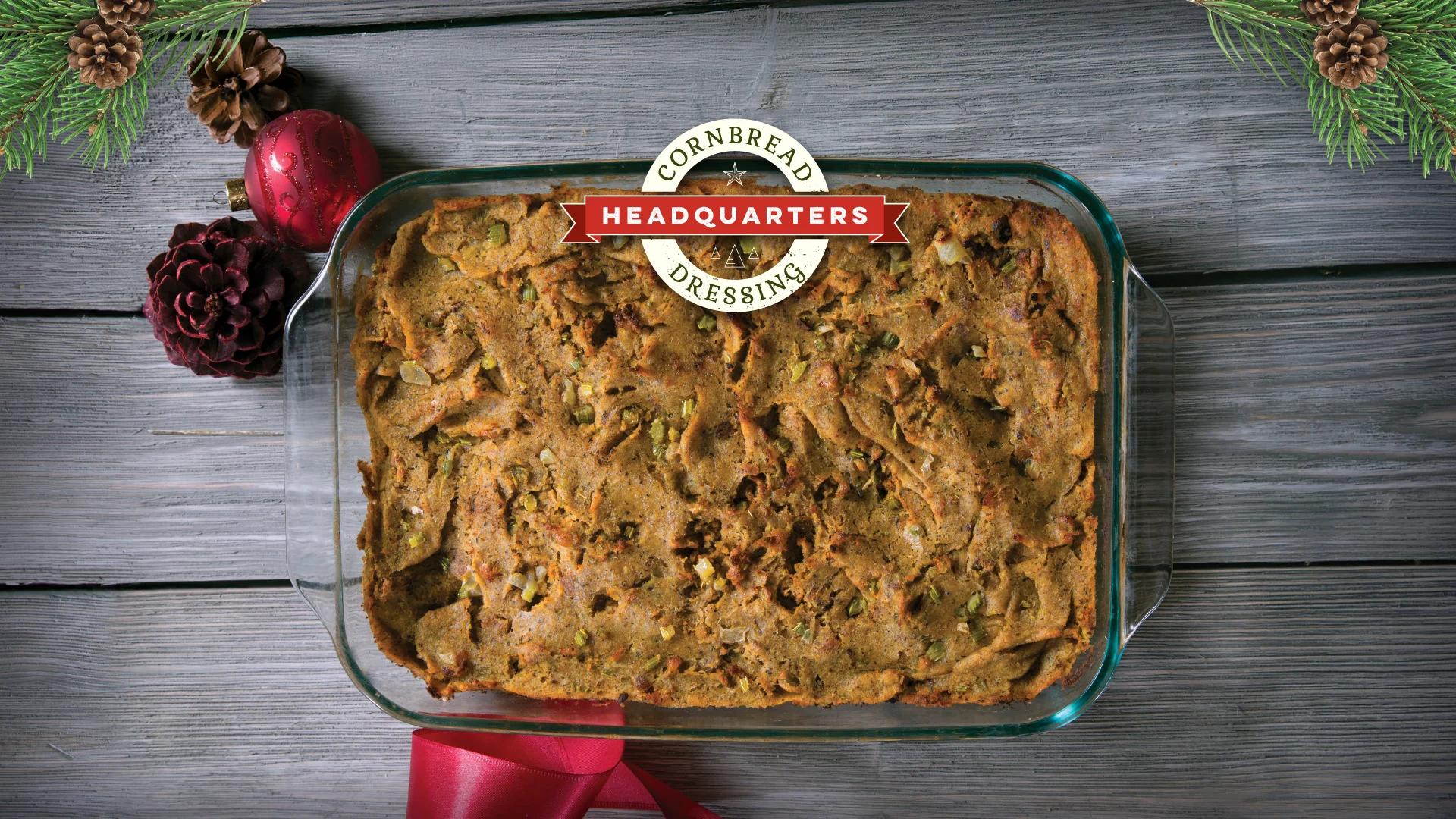 Southern cornbread dressing in a baking dish with festive holiday decor