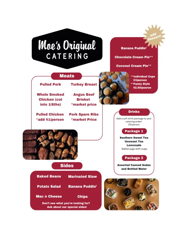 Catering menu from Moe's Original featuring meats, sides, and drinks.