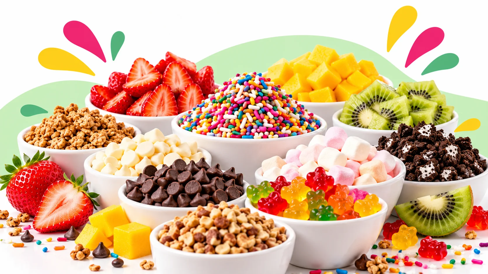 Colorful frozen yogurt toppings display with fruit, candy, chocolate, and granola