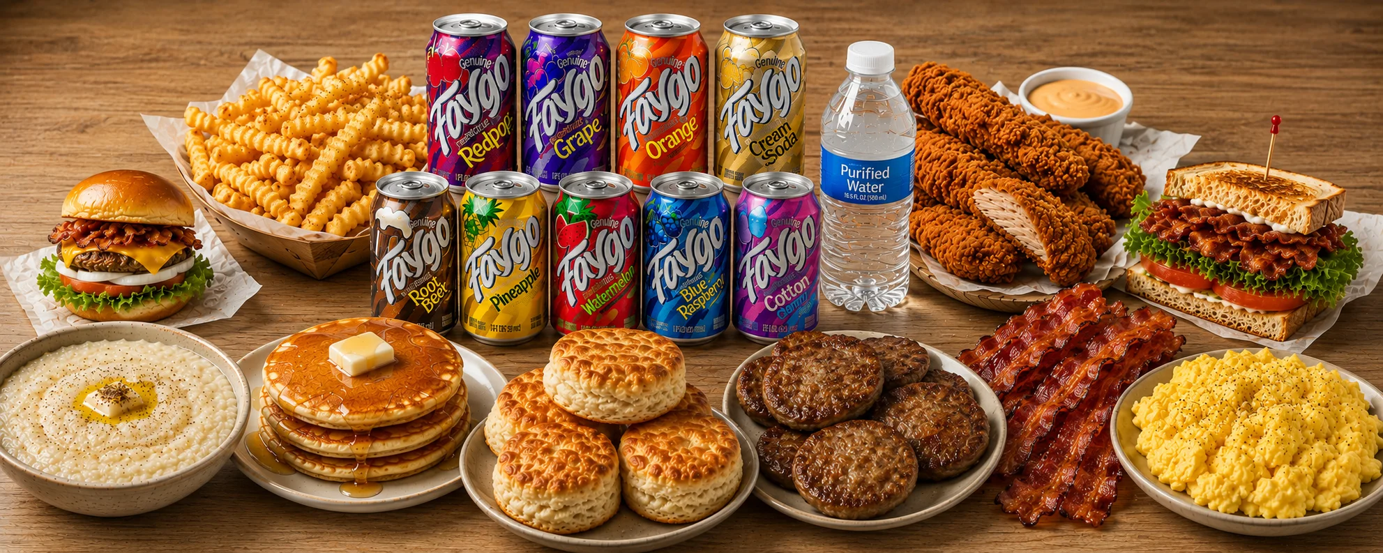 Catering spread with biscuits, pancakes, burgers, and drinks.