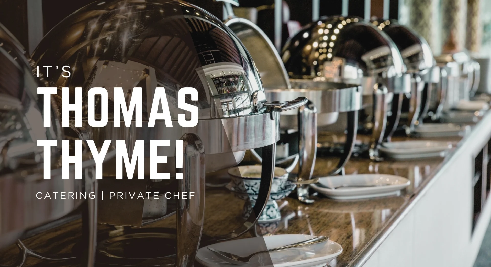 Elegant catering setup with chafing dishes and fine dining decor