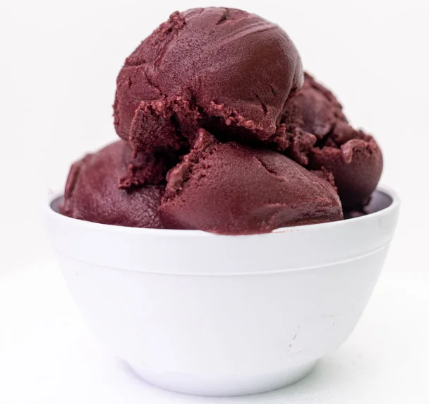 Rich chocolate sorbet in a white bowl