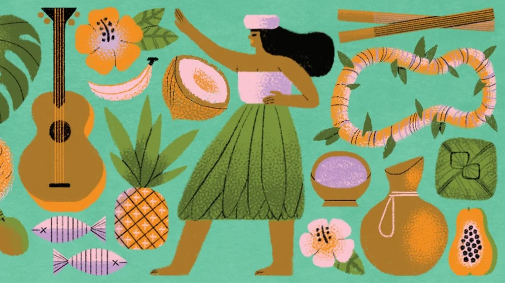 Colorful illustration of Hawaiian culture with tropical elements