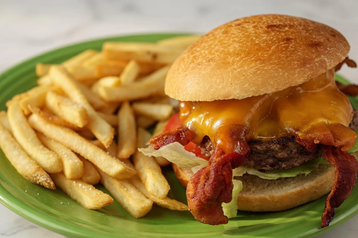 Classic American cheeseburger with crispy bacon and fries