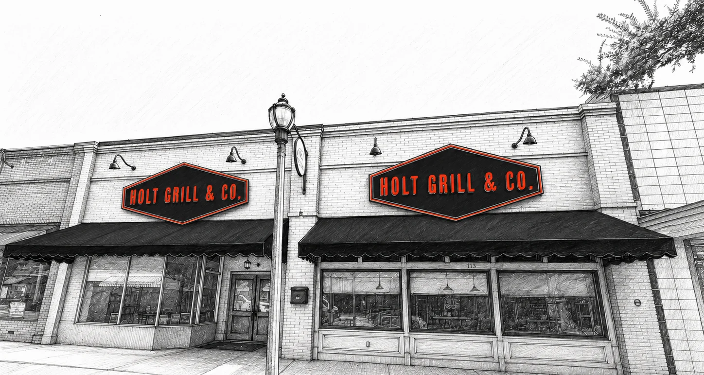 Exterior view of Holt Grill & Co. restaurant with vintage signage