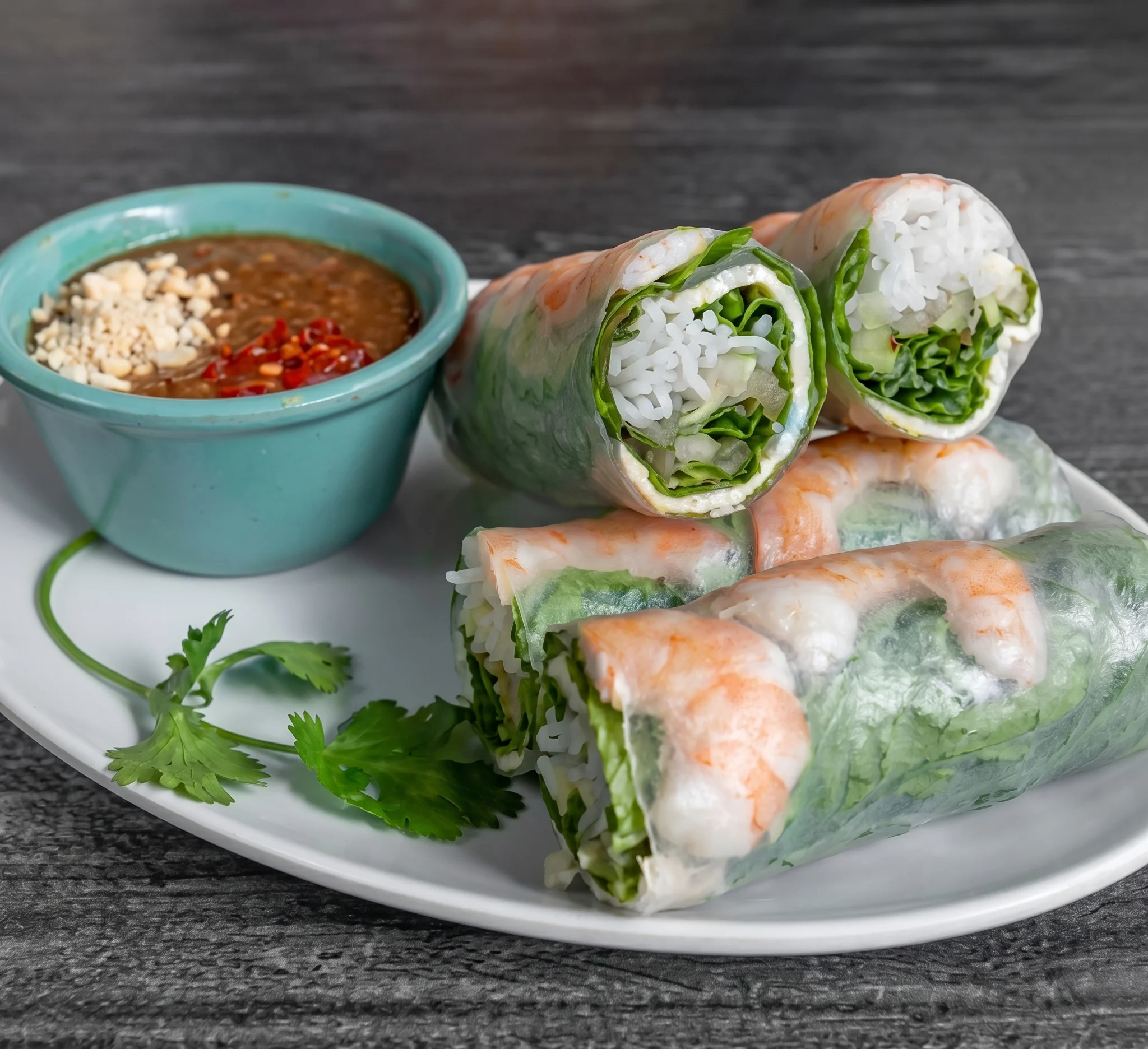 Vietnamese shrimp spring rolls with peanut dipping sauce